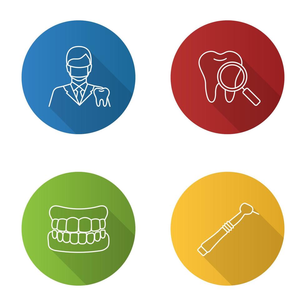 tandheelkunde vlakke lineaire lange schaduw iconen set. stomatologie. tandarts, tandencontrole, kunstgebit, tandartsboor. vector overzicht illustratie