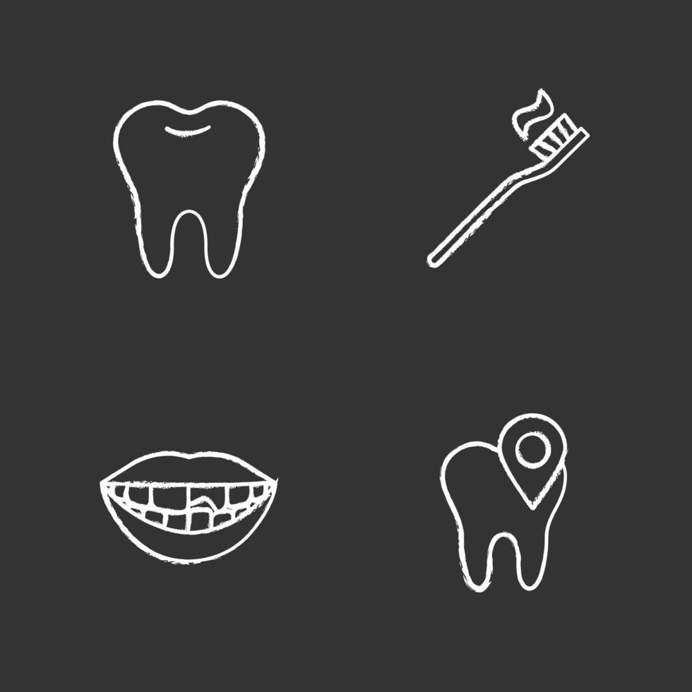 tandheelkunde krijt pictogrammen instellen. stomatologie. gezonde tand, locatie van de tandheelkundige kliniek, gebroken tand, tandenborstel en tandpasta. geïsoleerde vector schoolbord illustraties