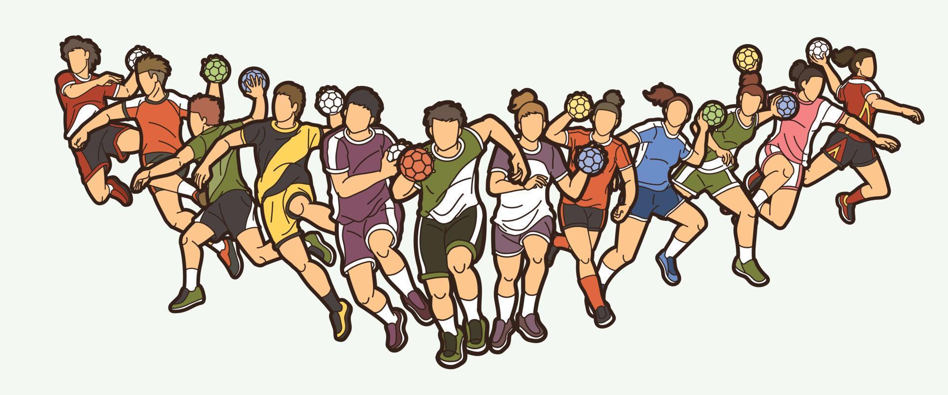 groep handbalspelers mannelijke en vrouwelijke mix actie cartoon sport afbeelding vector