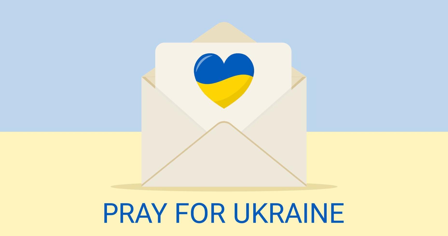 steun Oekraïne, bid voor Oekraïne, envelop met hart, kleuren van de Oekraïense vlag. doneren en vrijwilligerswerk concept. vector illustratie