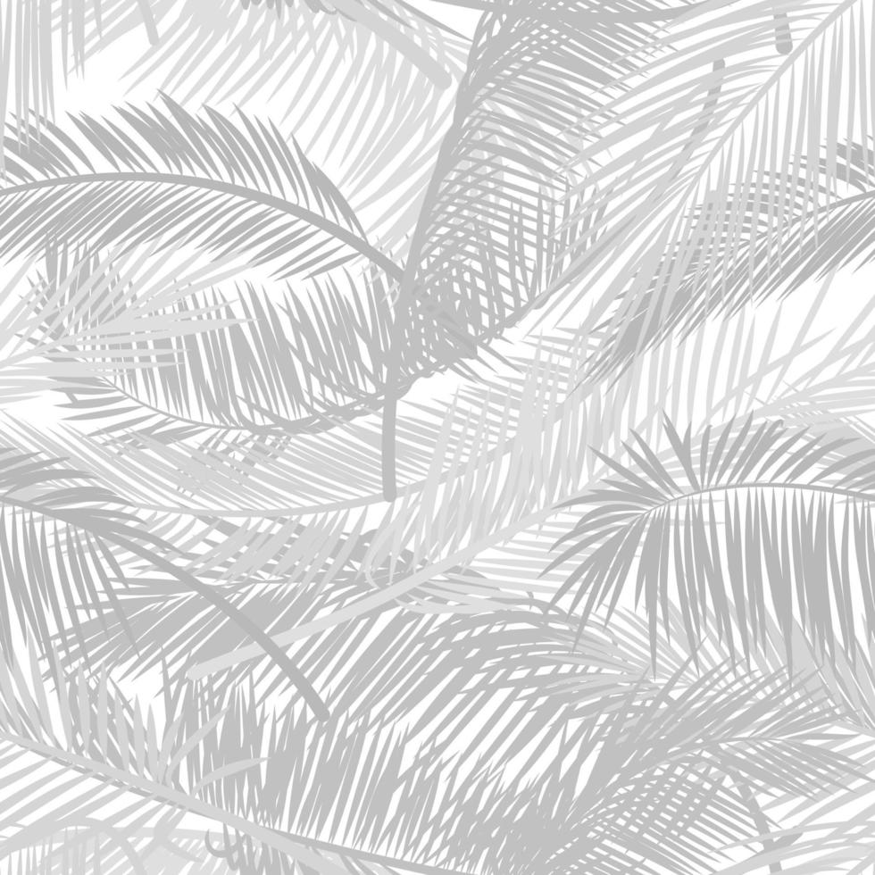 lichtgrijs palmbladeren silhouet op de witte achtergrond. vector naadloze patroon met tropische planten. vectorpatroon voor printontwerp, behang, siteachtergronden, ansichtkaart, textiel, stof.