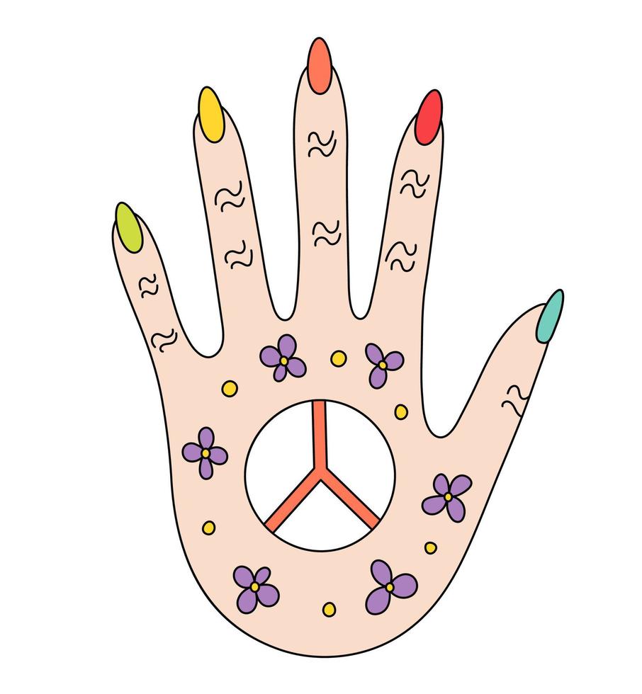 doodle retro hippie hand met kleurrijke nagels bloemen en vredesteken vector