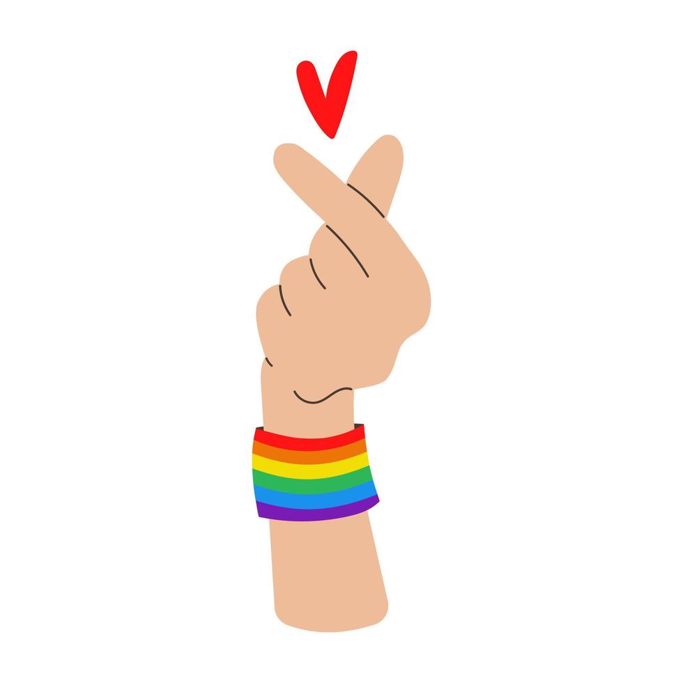 vector Koreaanse harthand. hand met lgbt regenboog armband.