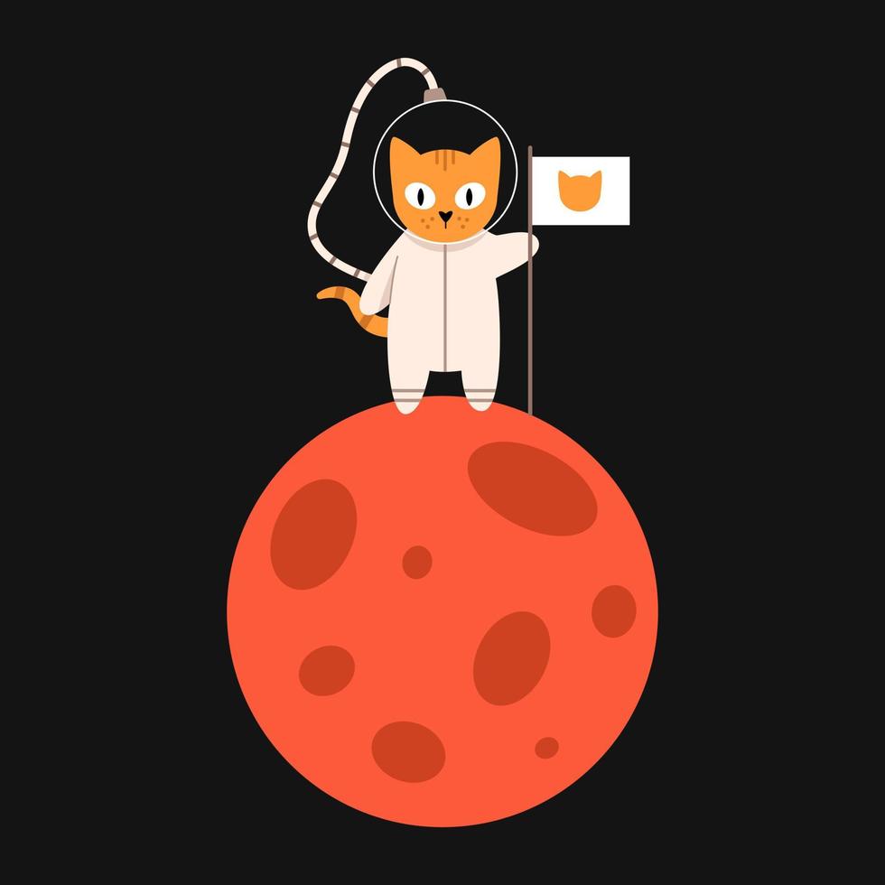 vector schattige kat in de ruimte zet een vlag op een rode planeet. kattenastronaut in plat ontwerp. grappige dierenastronaut die naast een witte vlag staat.