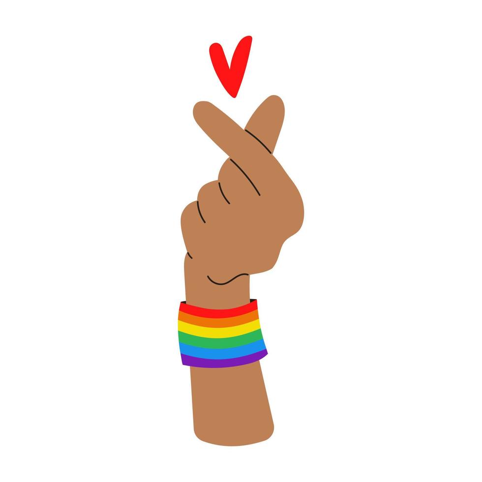 vector Koreaanse harthand. donkerhuidige hand met lgbt regenboogarmband. Gay Pride.