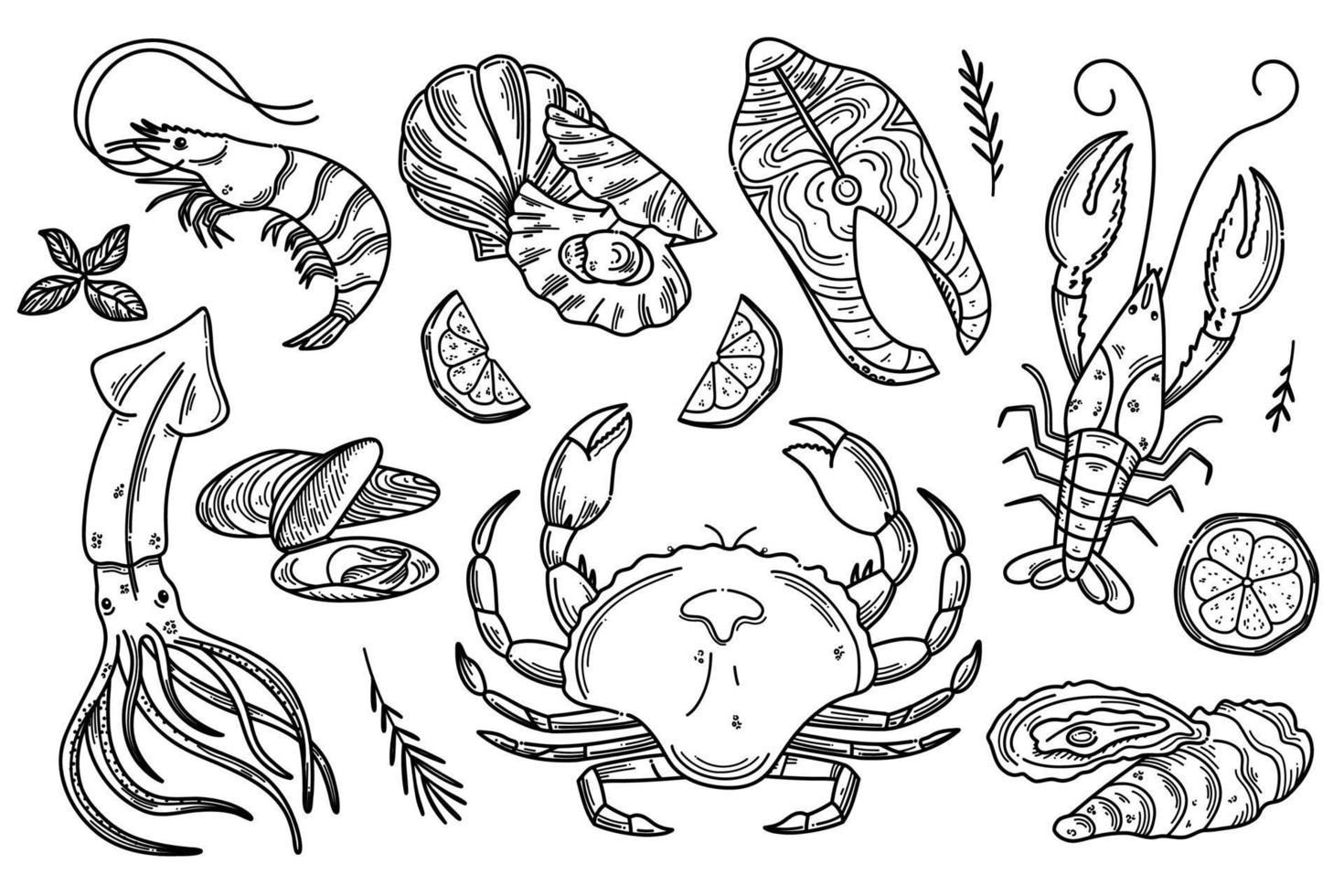 hand getekende zeevruchten set. decoratieve doodle illustratie van inktvis, zalm, coquilles, kreeft, krab, schaaldieren en mosselen. vectorillustratie in oude inktstijl vector