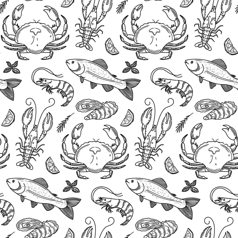 hand getekende zeevruchten naadloze patroon. decoratieve doodle achtergrond van inktvis, zalm, coquilles, kreeft, krab, schaaldieren en mosselen vector