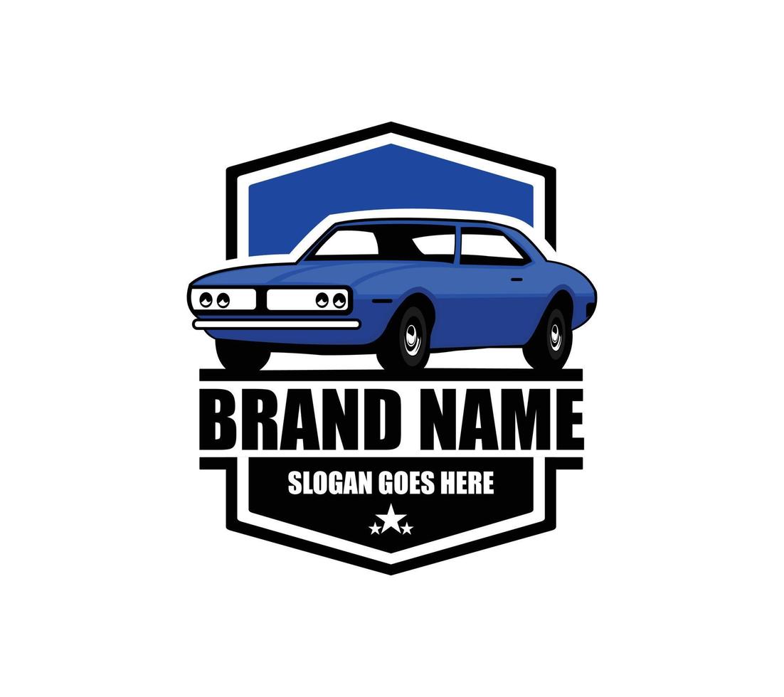 muscle car logo-vector auto geïsoleerd op blauw ziet er elegant uit vanaf een stijlvolle voorkant en geweldig voor banners, sjablonen, emblemen, badges, kleding vector