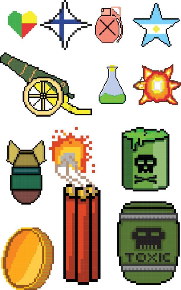 8 bit pixel art game icon set. ui elementen pixelset. spelwereld en pixelscène. vector