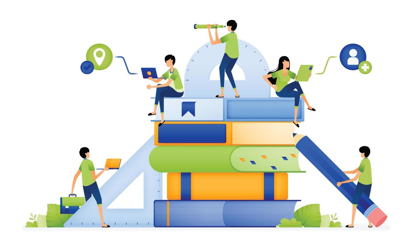 ontwerp van studenten zitten op stapels boeken om betere kennis en toegang tot educatieve geletterdheid te krijgen. illustratie voor bestemmingspagina's websites posters banners mobiele apps web sociale media advertenties enz vector