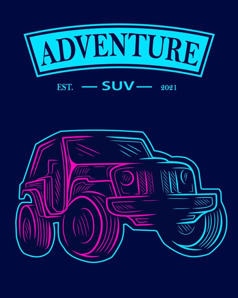 van weg avontuur voertuig lijn popart potrait kleurrijke embleemontwerp met donkere achtergrond. vector