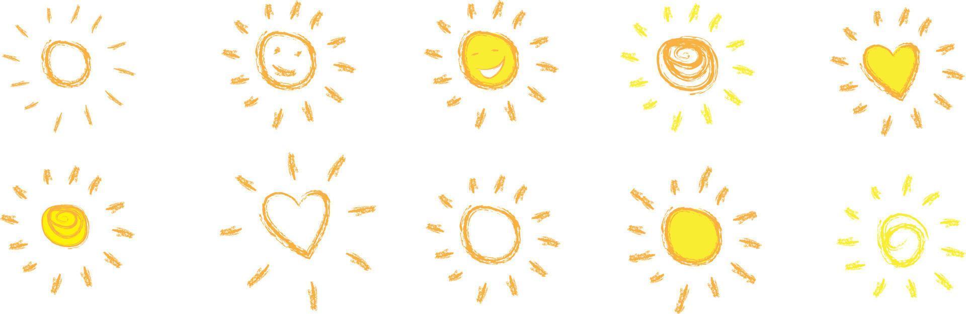 eenvoudige geïsoleerde kinderachtige handgetekende lijnen, doodle van gele, oranje straal of uitbarsting van de zon voor banner, achtergrond, behang, dekking enz. vectorontwerp. vector