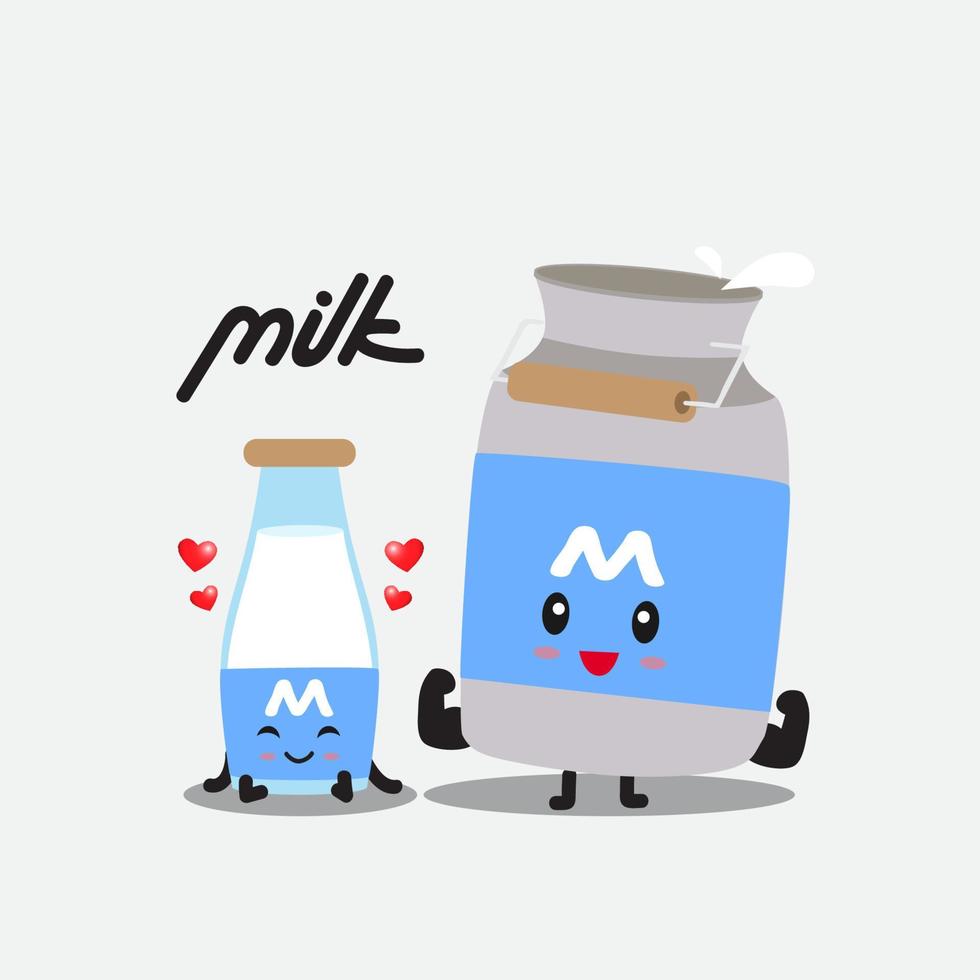 schattige fles melk karakter mascotte en schattige melk emmer met logo voor uw bedrijf vector