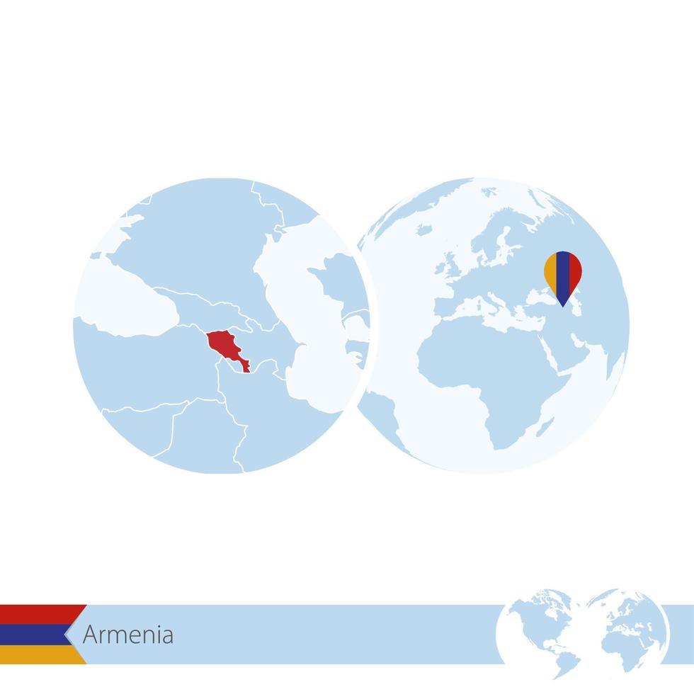 Armenië op wereldbol met vlag en regionale kaart van Armenië. vector