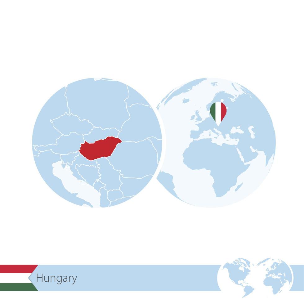 hongarije op wereldbol met vlag en regionale kaart van hongarije. vector
