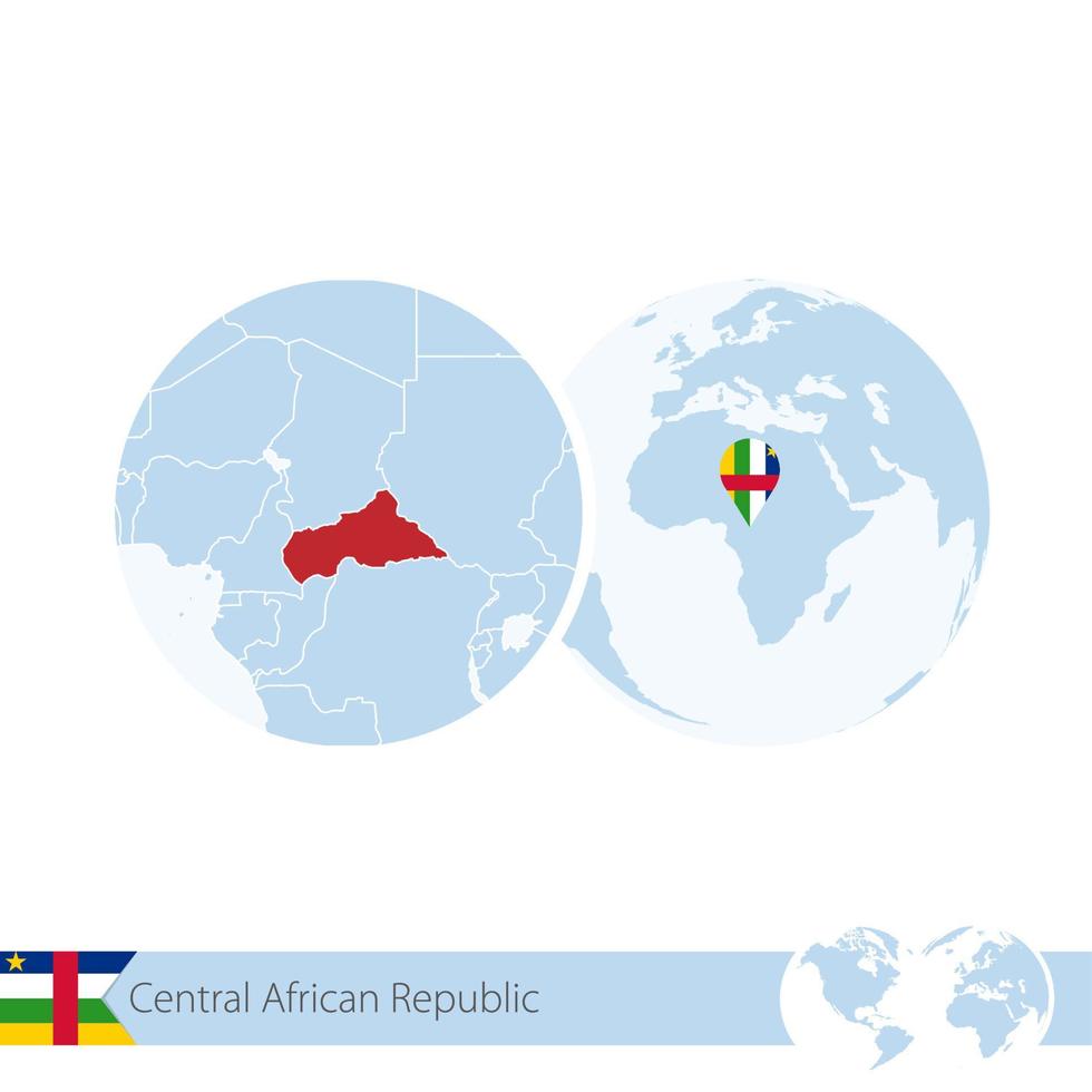 Centraal-Afrikaanse Republiek op wereldbol met vlag en regionale kaart van auto. vector