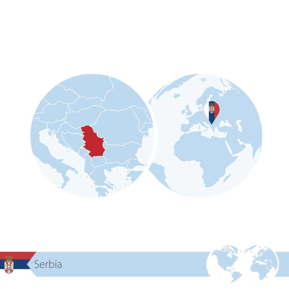Servië op wereldbol met vlag en regionale kaart van Servië. vector