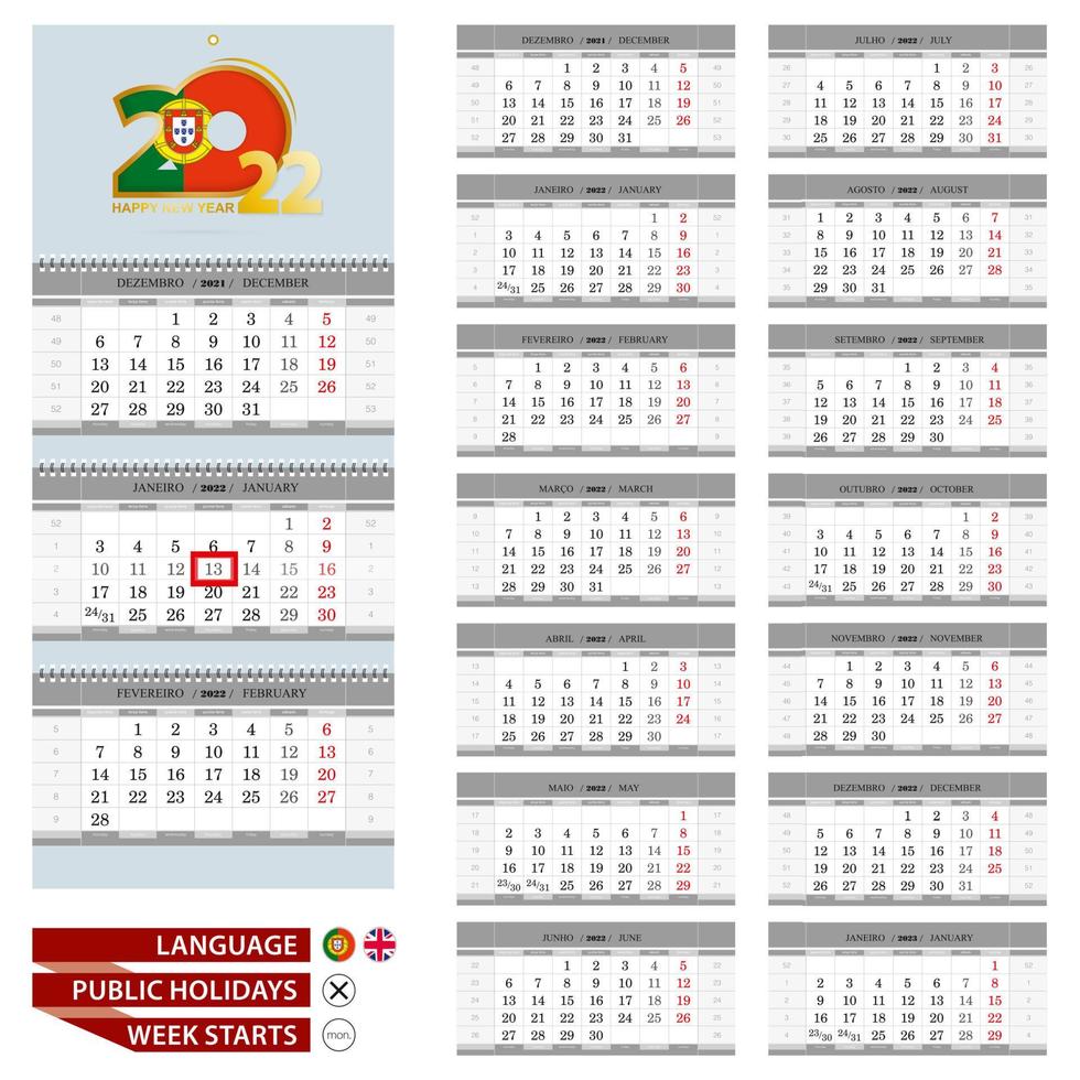 Portugese wandkalender planner vector sjabloon voor 2022 jaar.