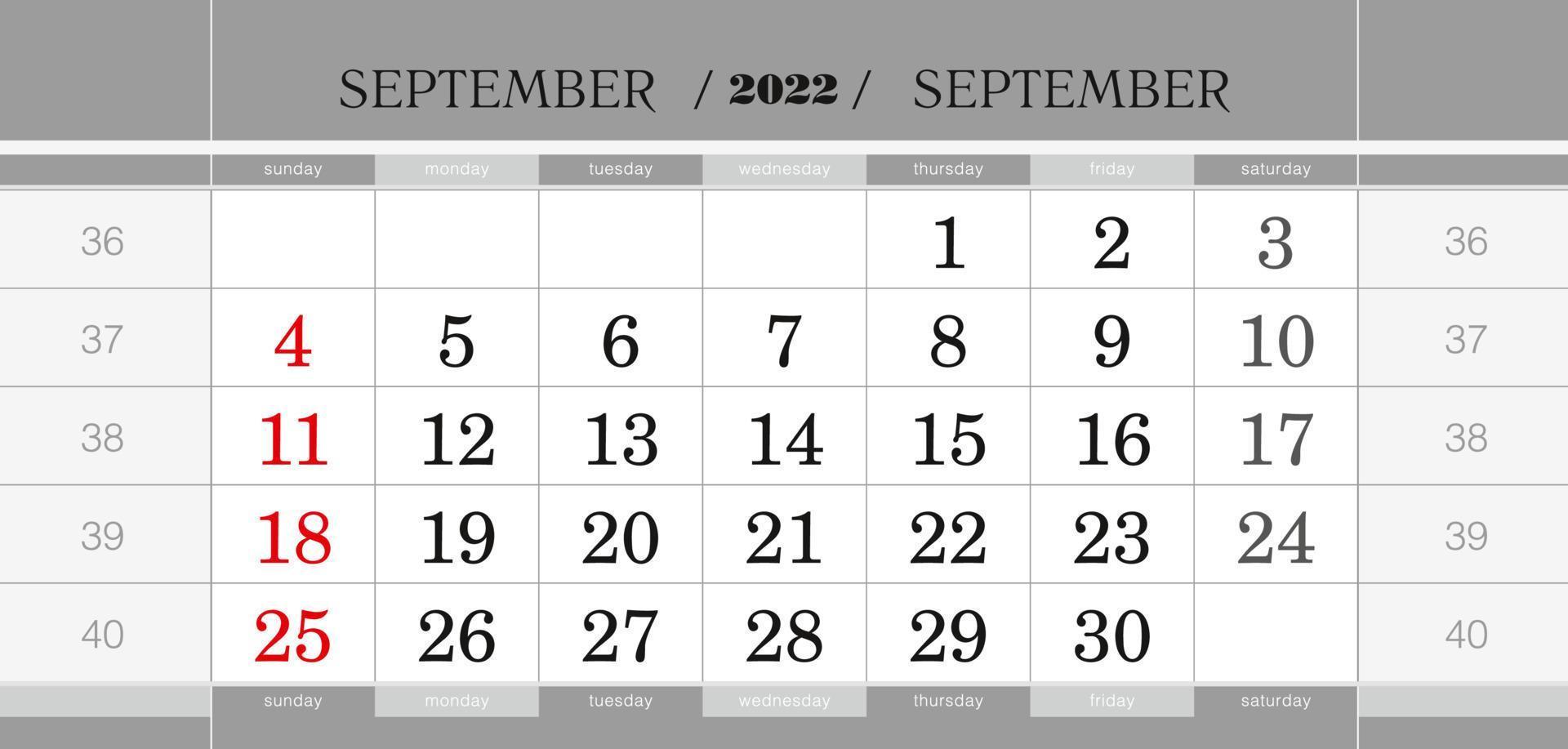 september 2022 kwartaal kalenderblok. wandkalender in het Engels, week begint vanaf zondag. vector