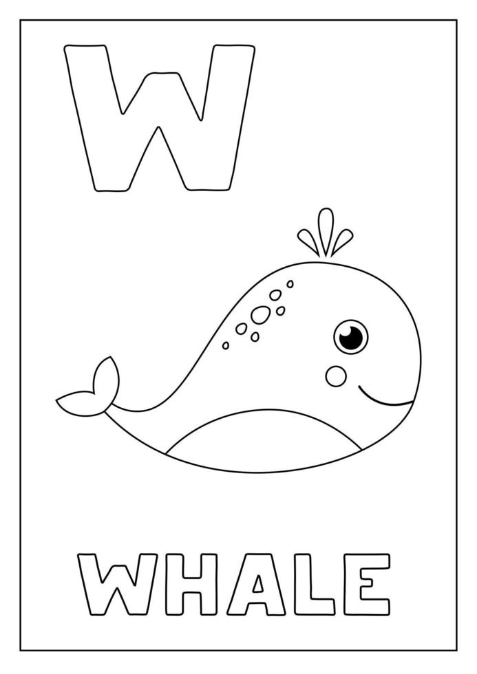 Engels alfabet leren voor kinderen. letter W. schattige walvis. vector