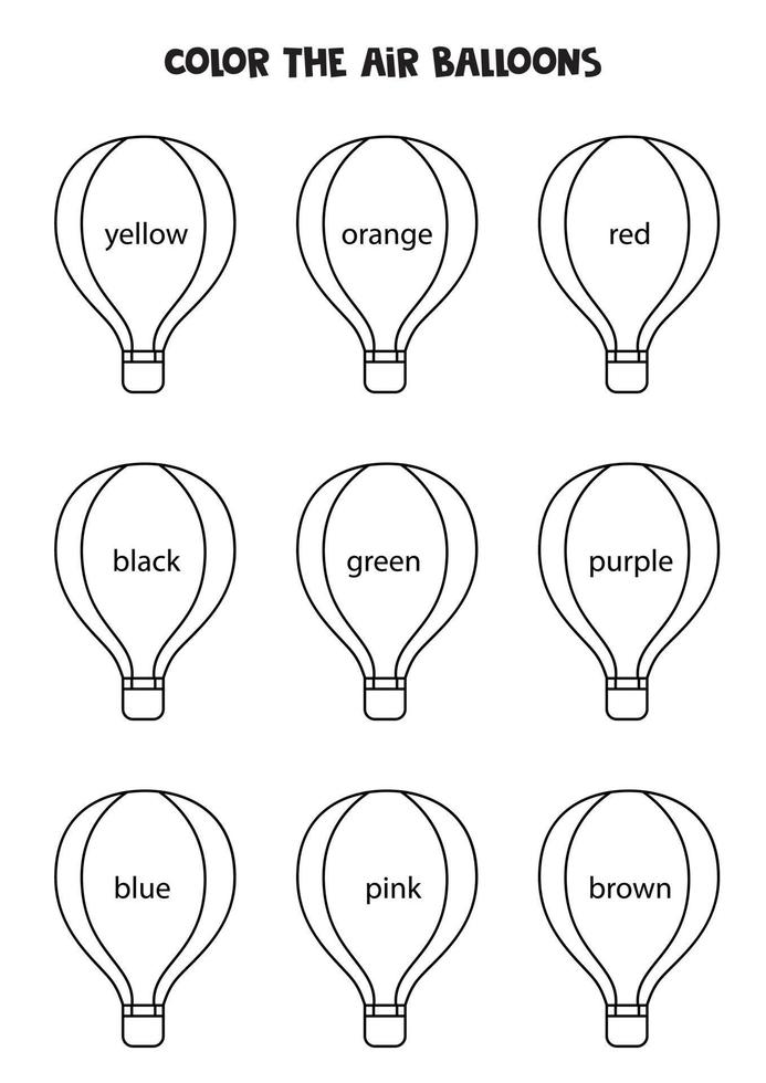 lees namen van kleuren en kleur luchtballonnen. educatief werkblad. vector