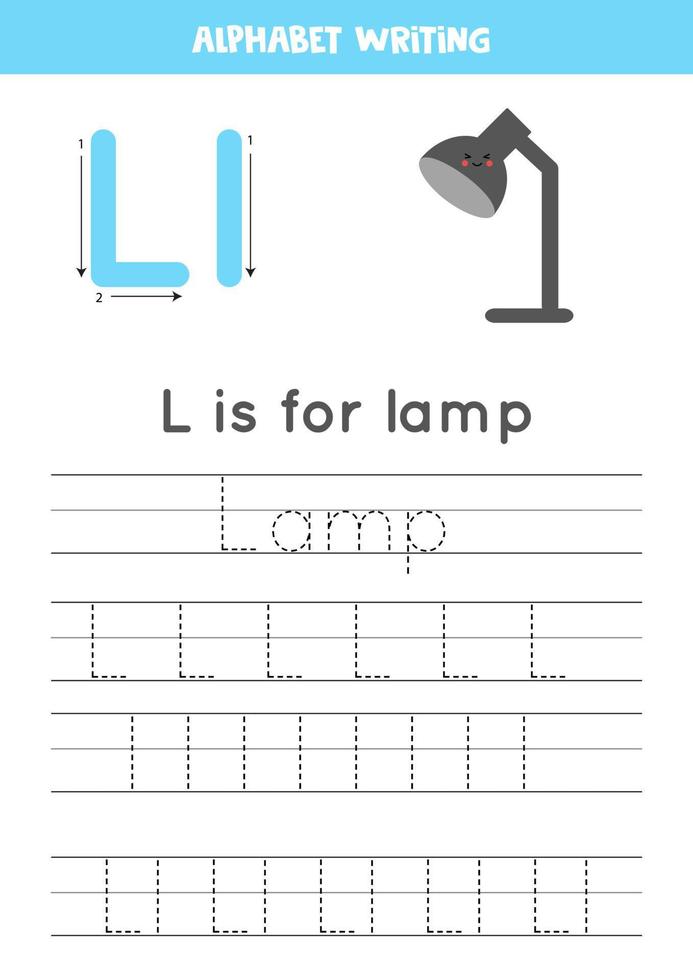 Engels alfabet leren voor kinderen. letter l. leuke kawaii lamp. vector