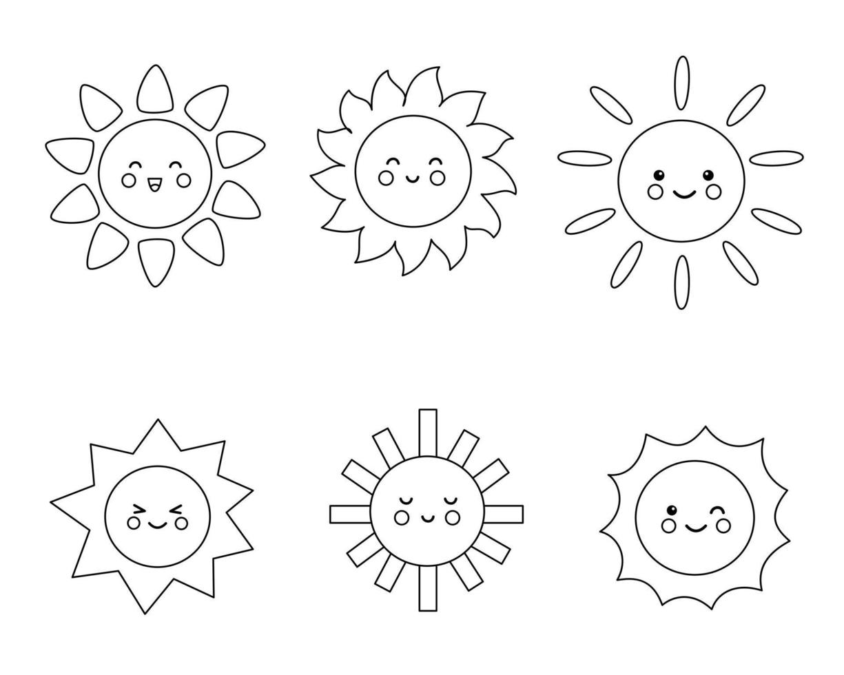 set van schattige zonnen in cartoon-stijl. zwart en wit. vector