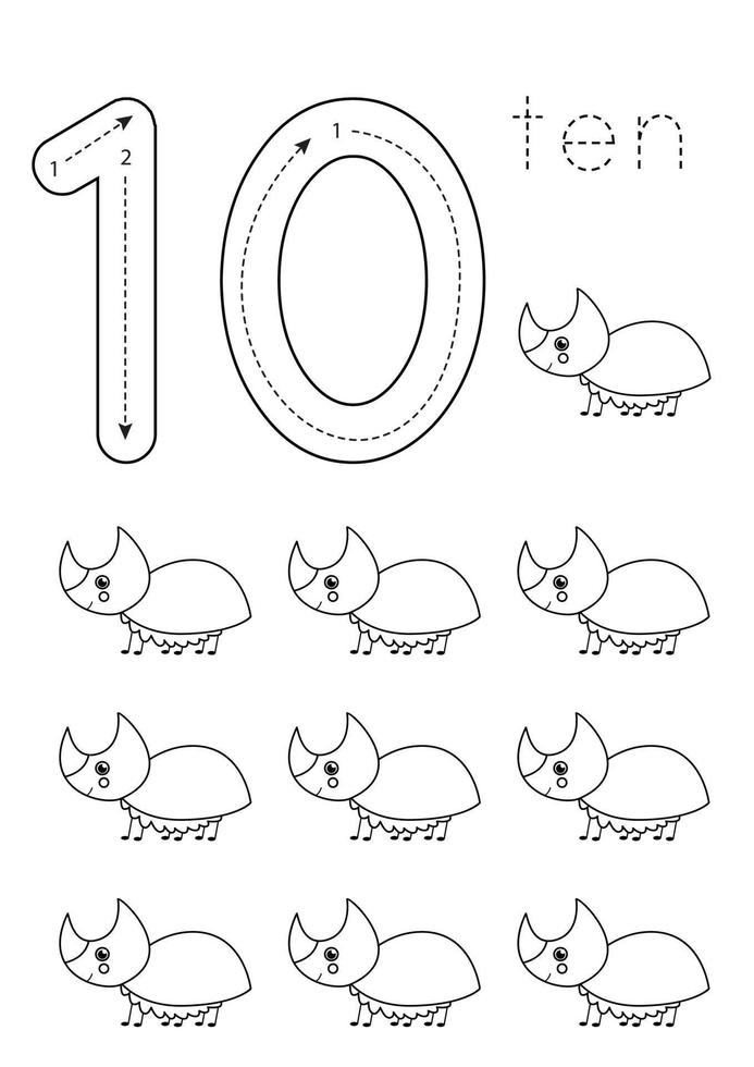 flashcard nummer 10. voorschoolse werkblad. zwarte en witte neushoornkevers. vector