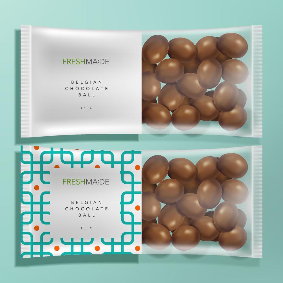 vector semi-transparante voedsel- en snackpakketverpakking met geometrisch patroon en melkchocolade mock-up
