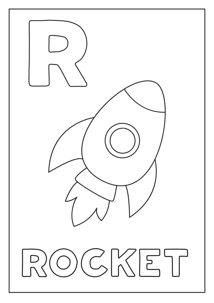 Engels alfabet leren voor kinderen. letter r. tekenfilm raket. vector