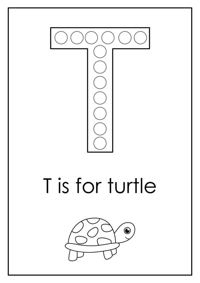 Engels alfabet leren voor kinderen. letter t. dot marker activiteit. vector