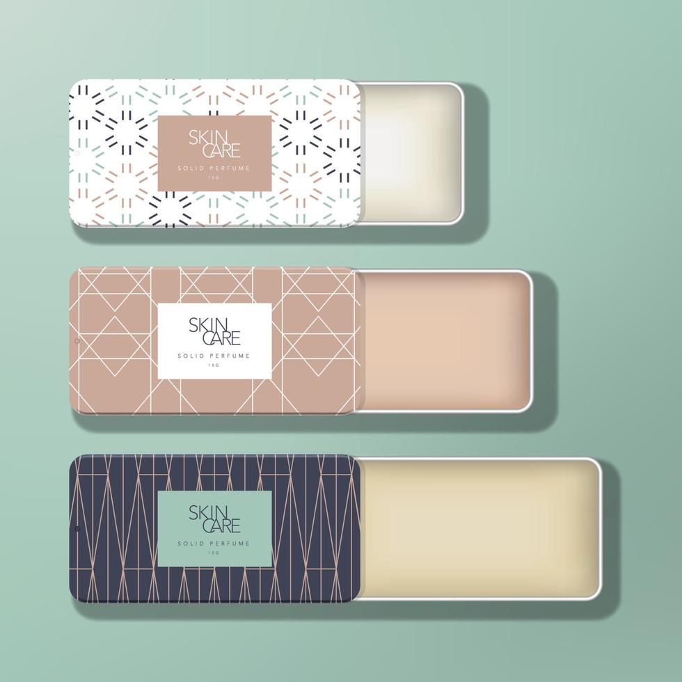 vector trendy solide parfum mini blikken doos pakket met geometrische patroon print