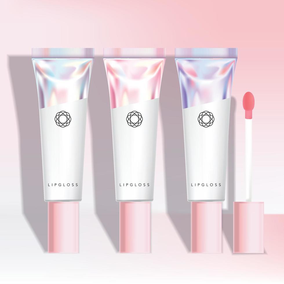 vector lipgloss, exfoliator, tint, vlek, handcrème tube in holografische tube verpakking