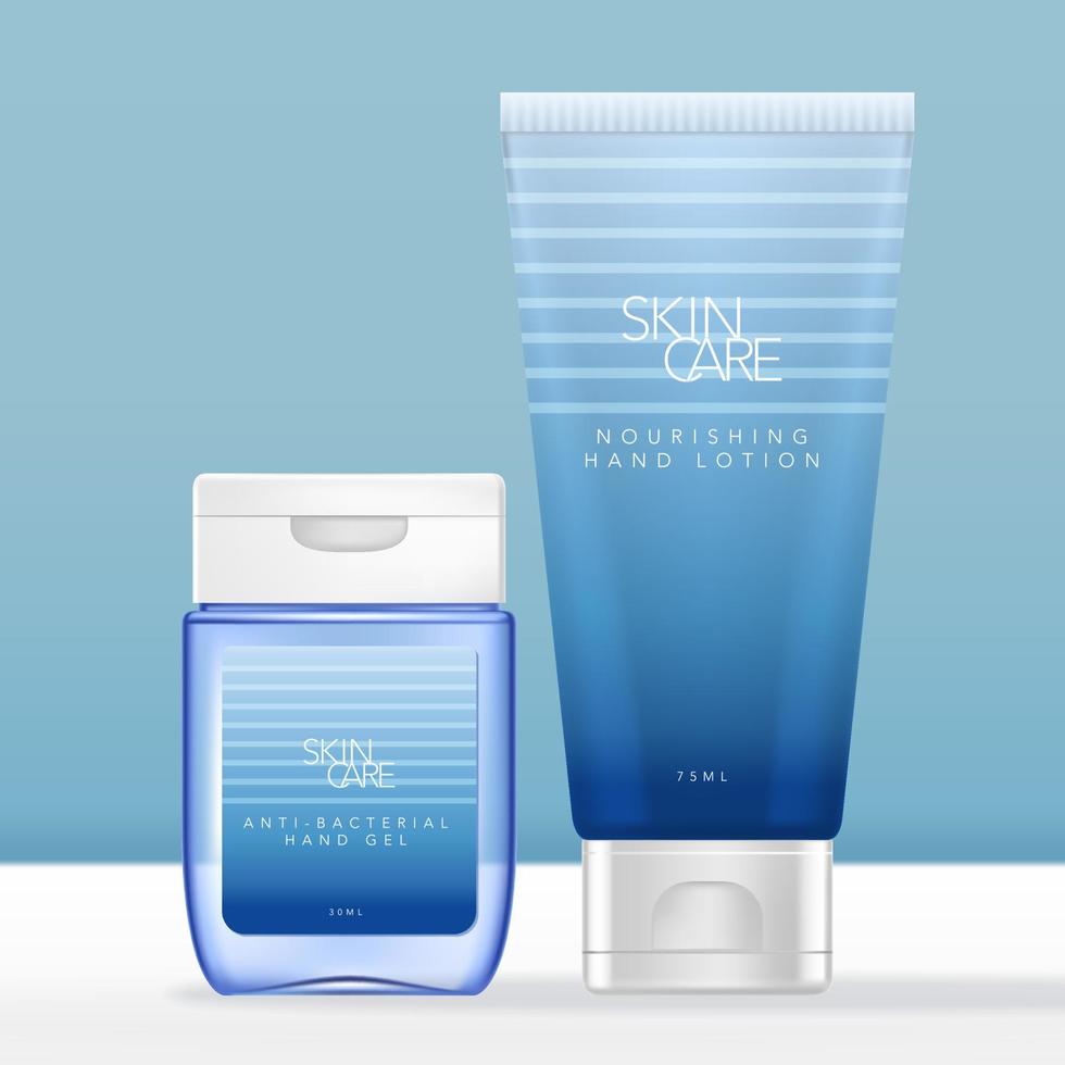 vector mini handdesinfecterend flesje en handcrème tube verpakking set met zomer oceaan gradiënt blauw ontwerp