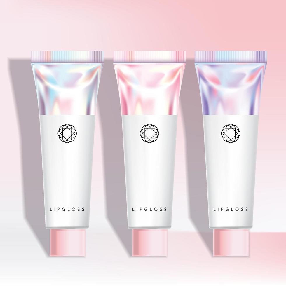 vector lipgloss, exfoliator, tint, vlek, handcrème tube in holografische tube verpakking