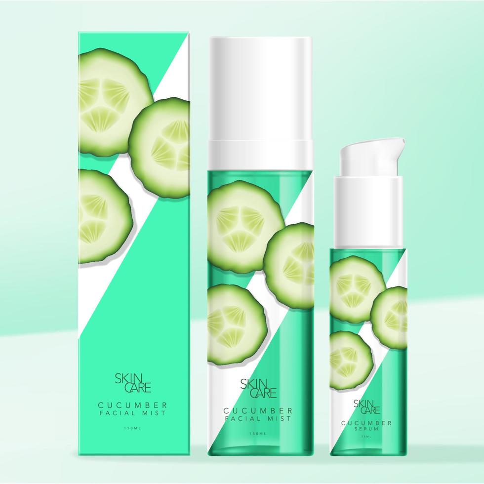 vector getint groen transparant plastic of glas haarlak of body mist fles, serum fles en kartonnen doos verpakking. komkommerpatroon afgedrukt.