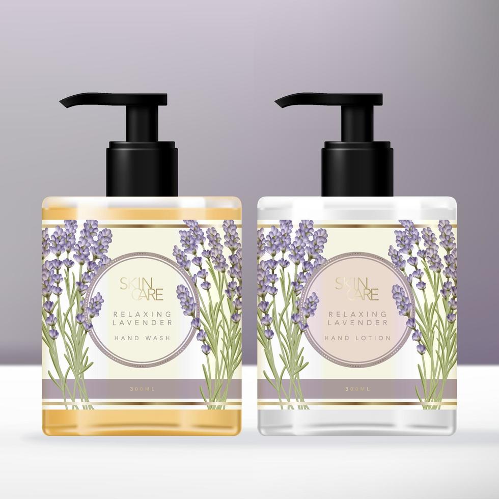 vector violet lavendel thema handzeep en lotion duidelijke pompfles of dispenser verpakkingsset.