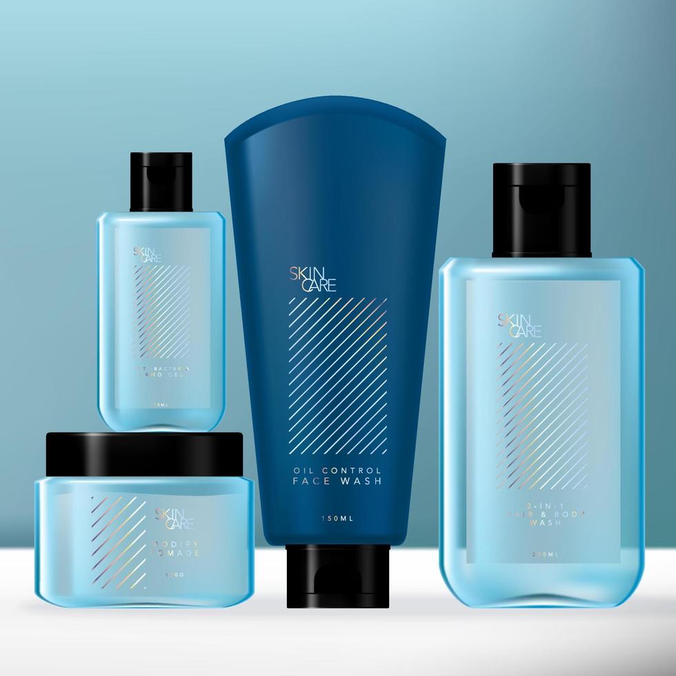 vector blauwe en holografische mannen toiletartikelen verpakking set met hand sanitizer fles, body wash fles, pommade pot en lotion tube.