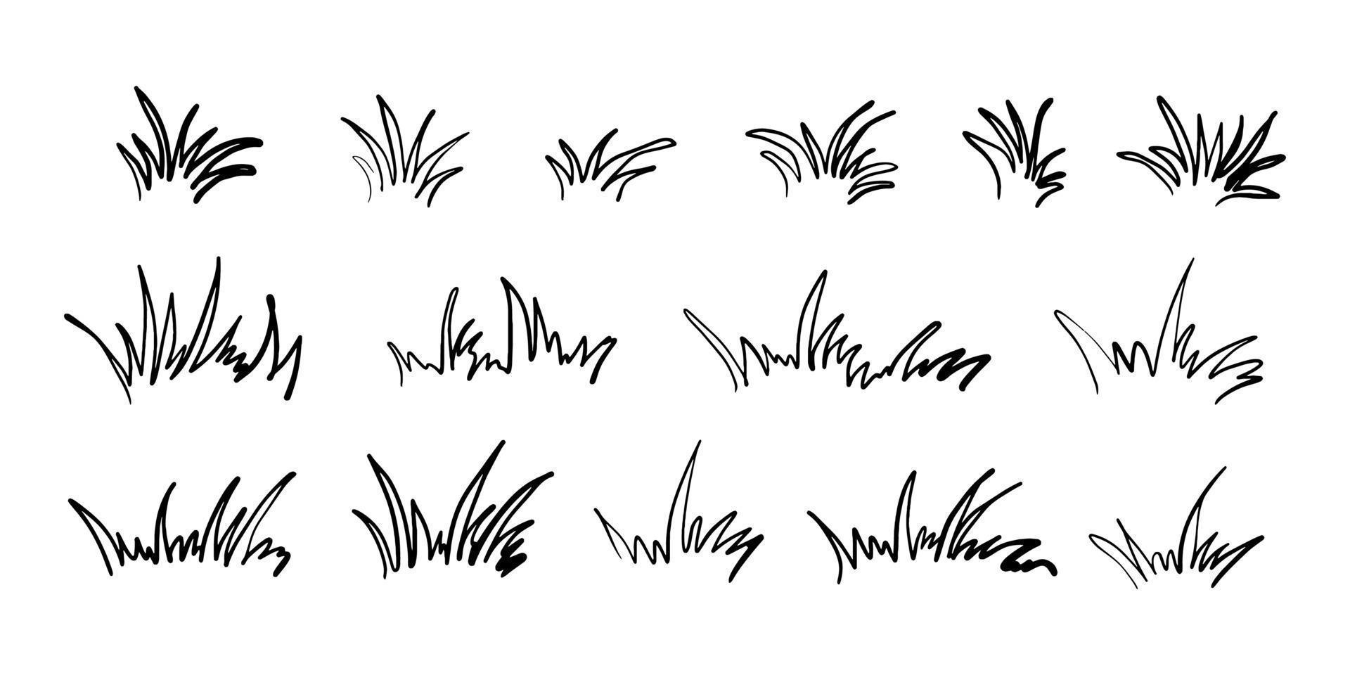 hand getrokken gras silhouet collectie. gazon struik van gras in schets doodle stijl. vector illustratie
