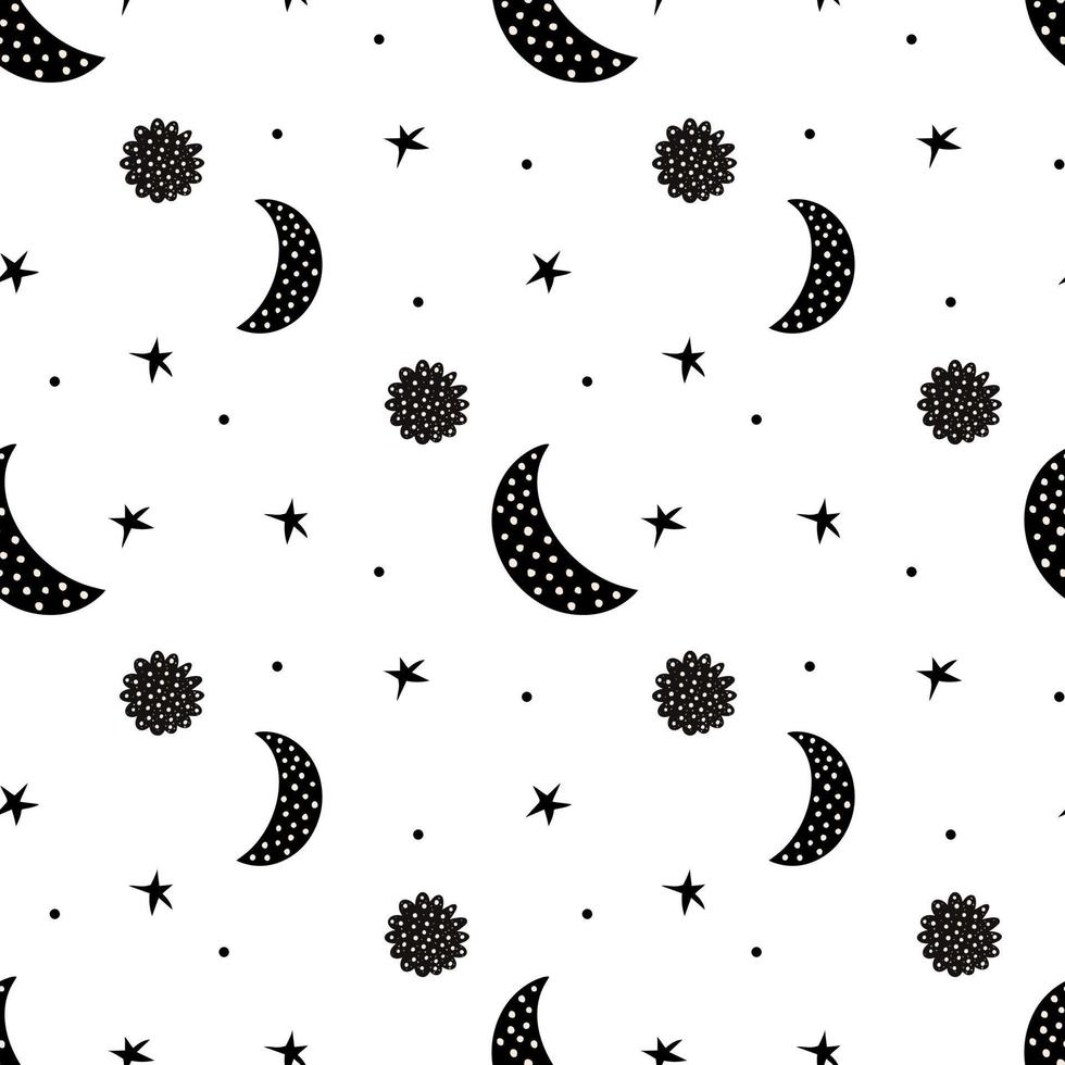 hand getrokken doodle maan bloem sterpatroon. schattige zwarte halve maan vector naadloze patroon achtergrond in Scandinavische stijl voor mode print