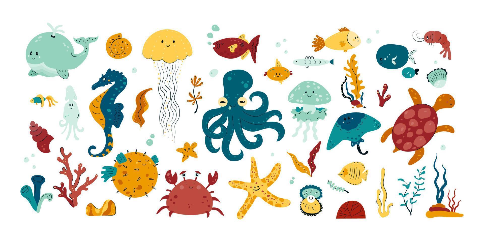 schattige zeedieren en onderwaterdieren set. waterschildpad, walvis, octopus, kwallen, krab en kleurrijke vissen. mariene leven elementen. kleur platte vectorillustratie vector