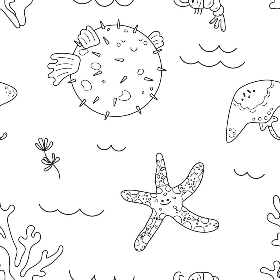 schattig naadloos patroon van zeeleven, kogelvissen, garnalen, zeester, zeewier. doodle schets stijl. onderwaterwereld textuur. vectorillustratie voor verpakking, behang, eenvoudige kinderprint vector