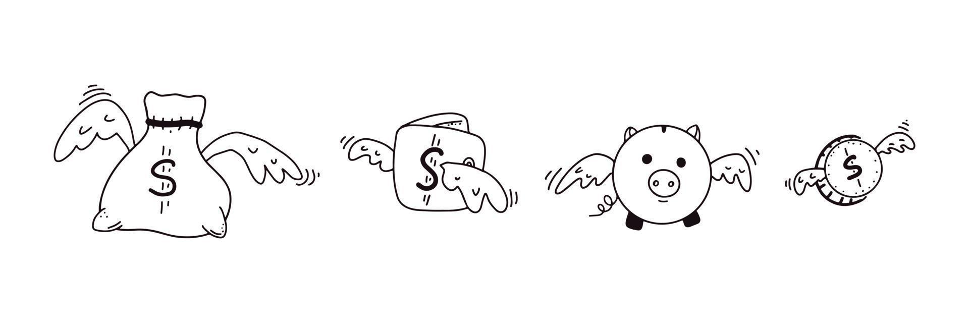 doodle vliegende geld icoon collectie. grappige piggy stapelbed, portemonnee, tas en munt met vleugels in cartoon-stijl. zwarte vectorillustratie geïsoleerd op een witte achtergrond vector