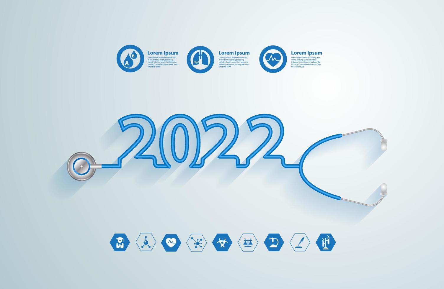 creatief ontwerp stethoscoop 2022 nieuwjaar, en medische plat pictogrammen in geneeskunde technologie concept, vector illustratie moderne lay-out sjabloon