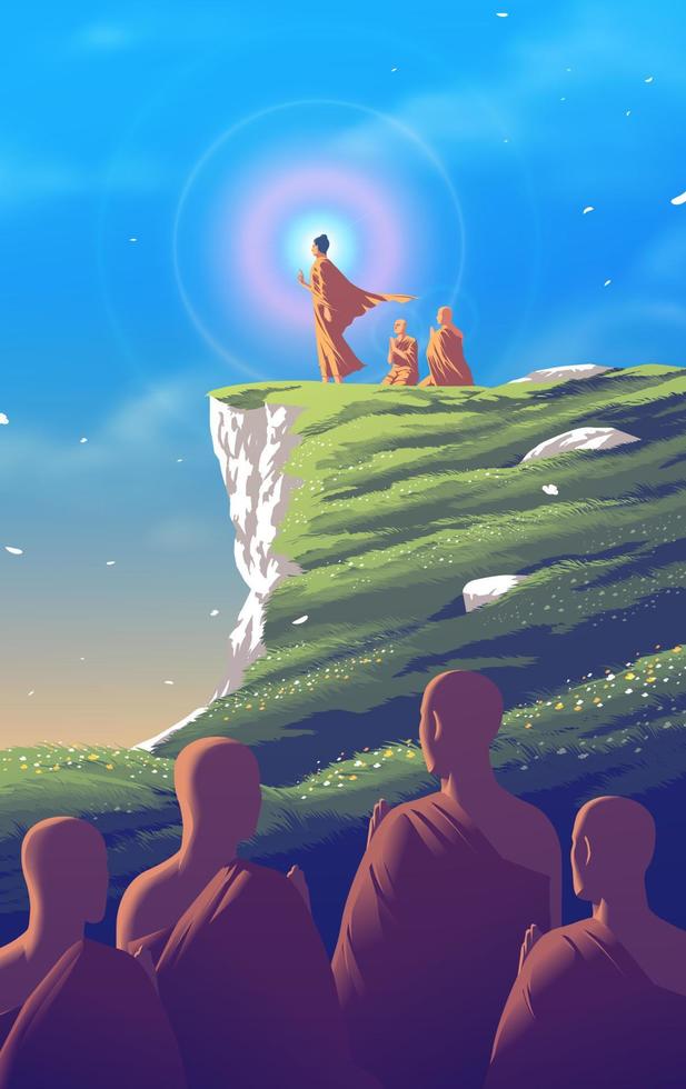 de heer Boeddha staat en straalt zijn halo van licht uit op een klif met sariputta en moggallana vector