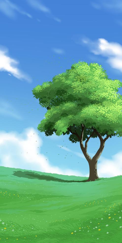 een enkele groenblijvende boom tussen de groene grassen onder een helderblauwe lucht vector