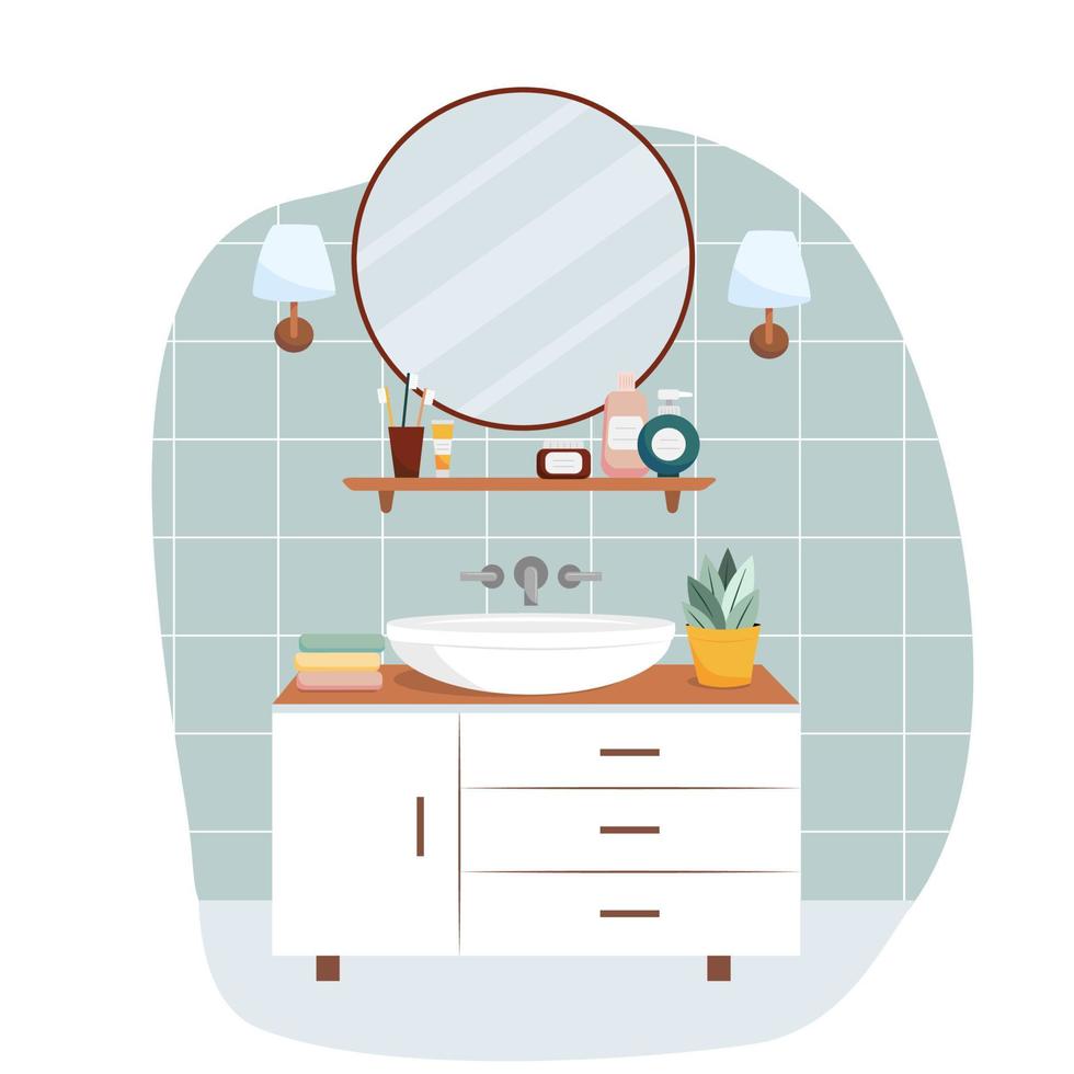 cartoon badkamer interieur. moderne wastafel tafel, spiegel en badhanddoeken. vlakke stijl vectorillustratie vector
