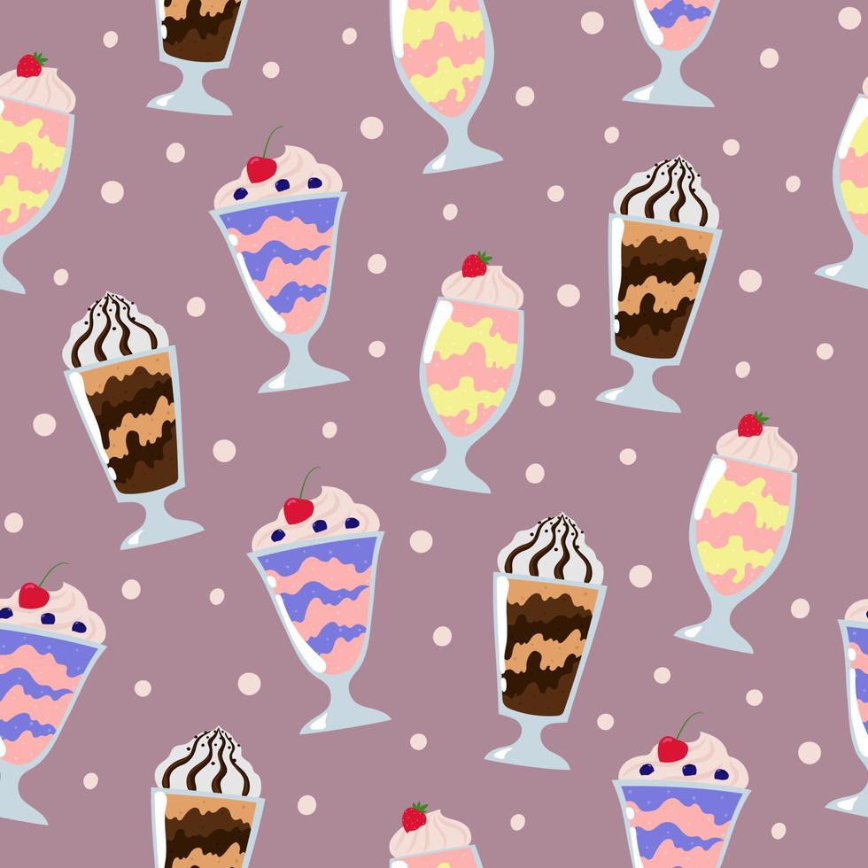 milkshakes naadloos patroon. cartoon zomer desserts met room op paarse achtergrond. vector