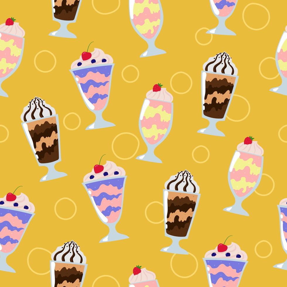 milkshakes naadloos patroon. cartoon zomer desserts met room op gele achtergrond. vector