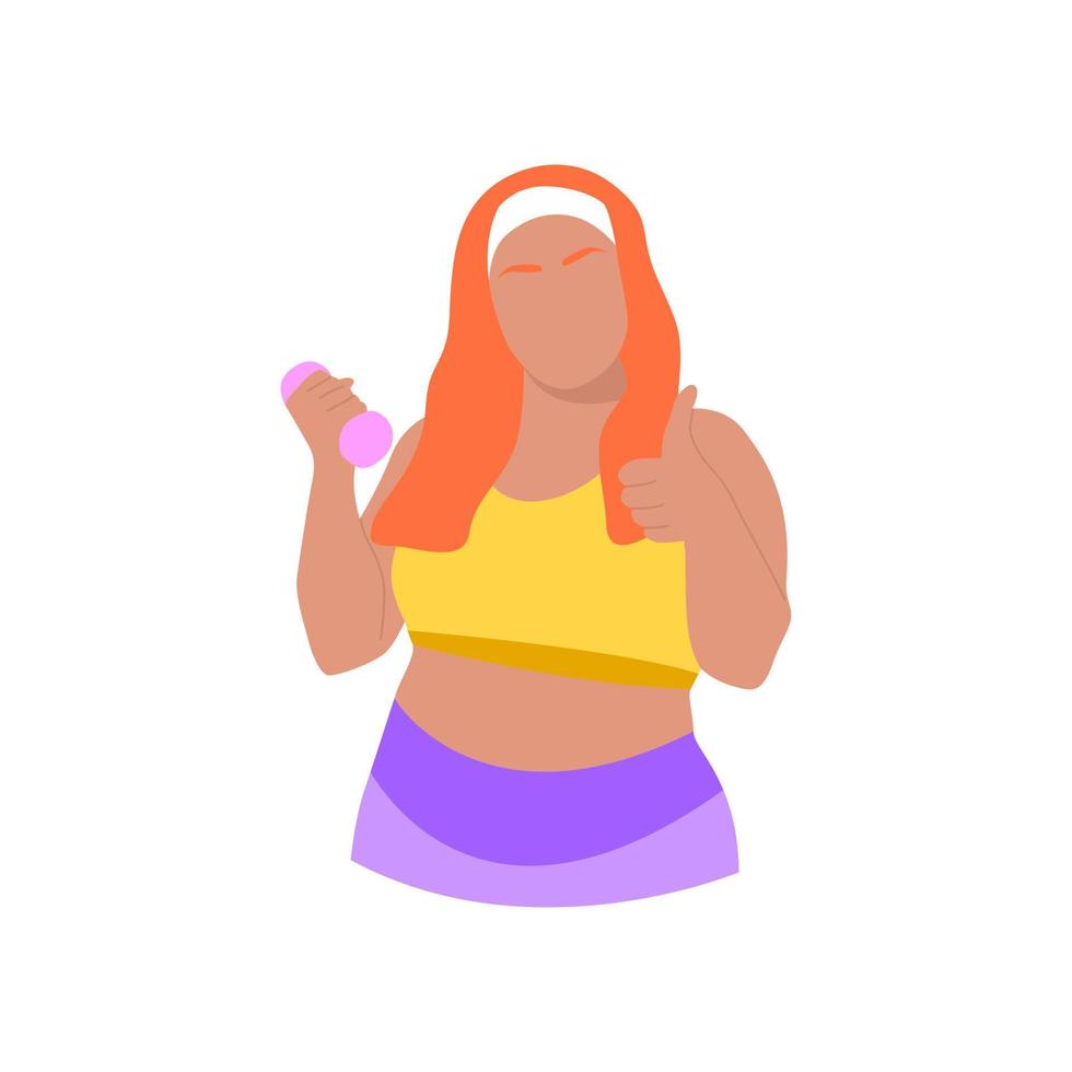 plus size vrouw in een sport-uniform met halter duim opdagen. gezonde levensstijl, fit blijven, training, motivatie, sport. lichaam positieve overgewicht vrouw. handgetekende vectorillustratie vector